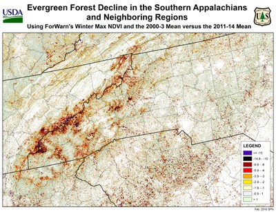 ForWarn evergreen forest decline map