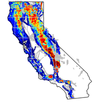 A map shows a forecast of bark beetle-caused mortality for California