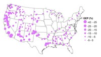A map shows computer-simulated percentage decrease in ecosystem productivity 