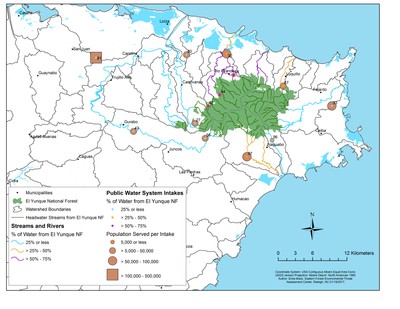 A map shows the municipalities and population served by water originating on the El Yunque National Forest in Puerto Rico.