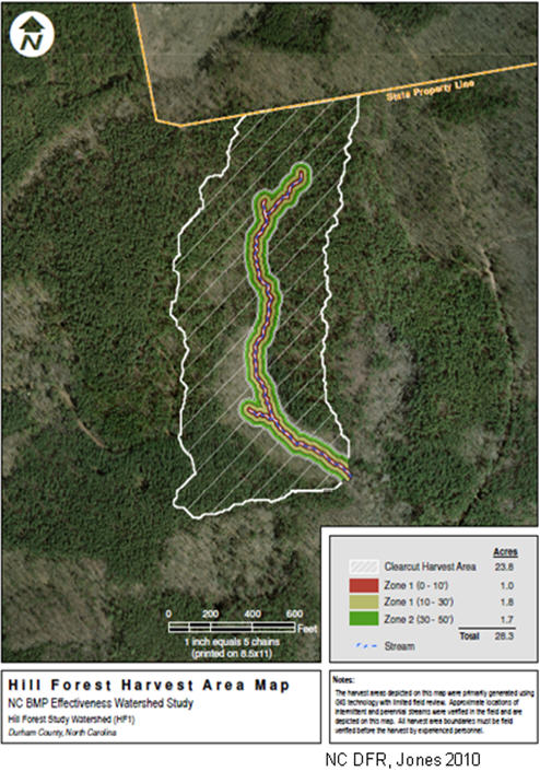 Depiction of forest harvest area and buffer zones at Hill Forest