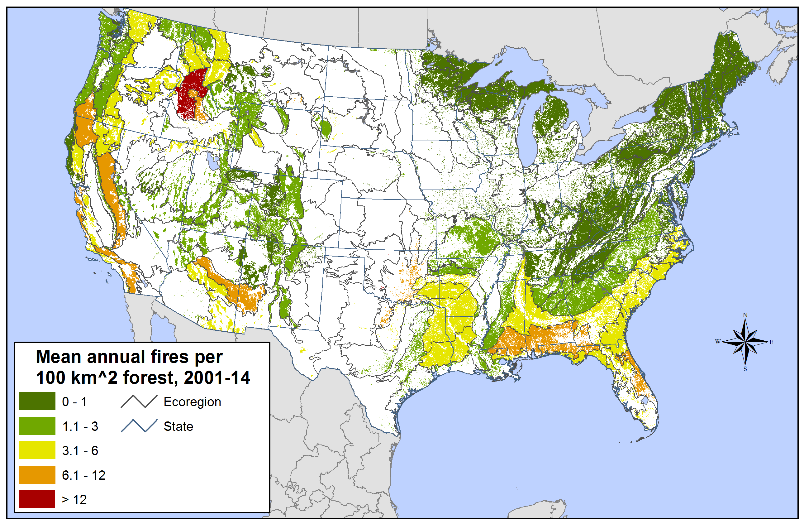 ecoregion fire occurrence, 2001-2014